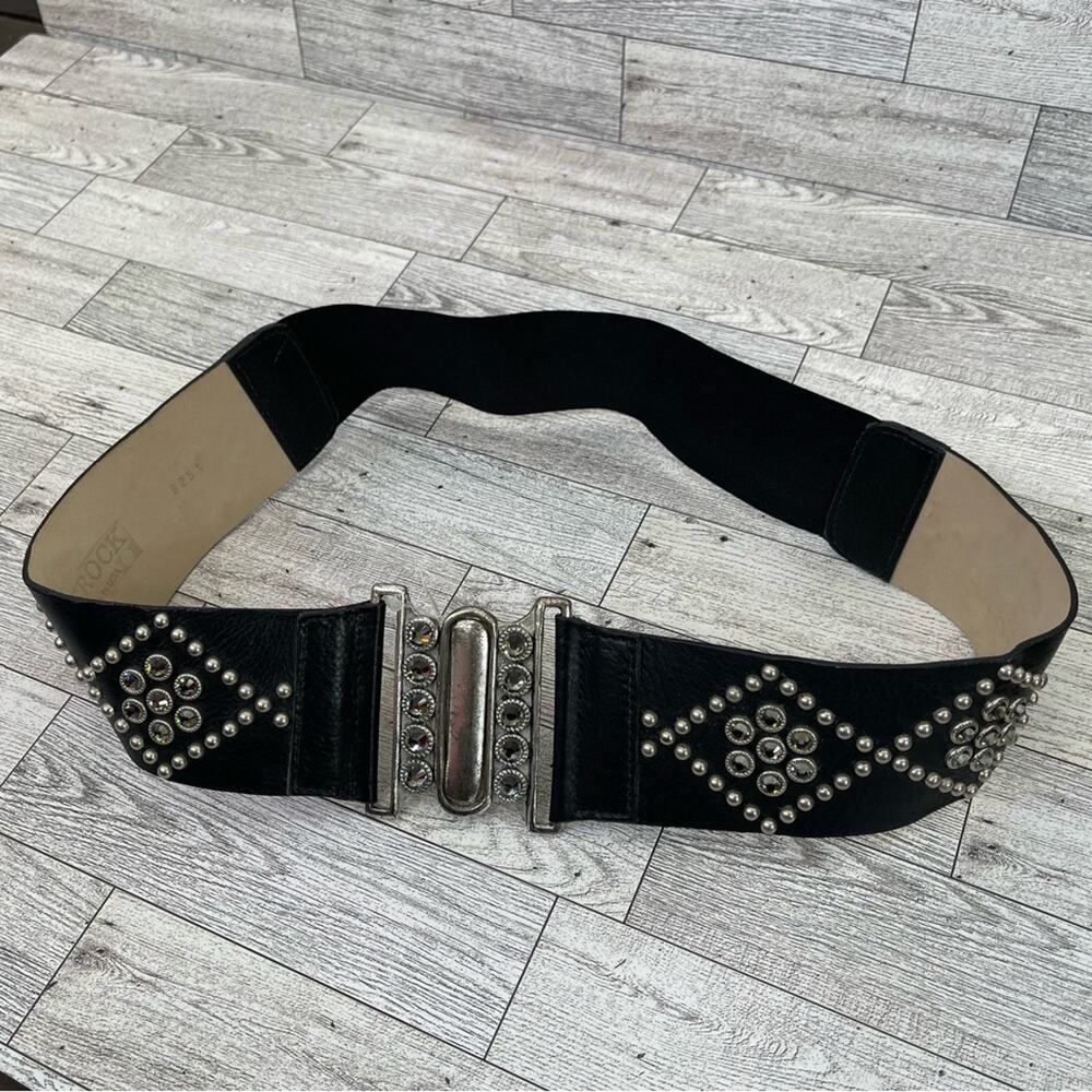 LEATHERROCK Black and Silver Embellished Elastic Belt Size Medium
